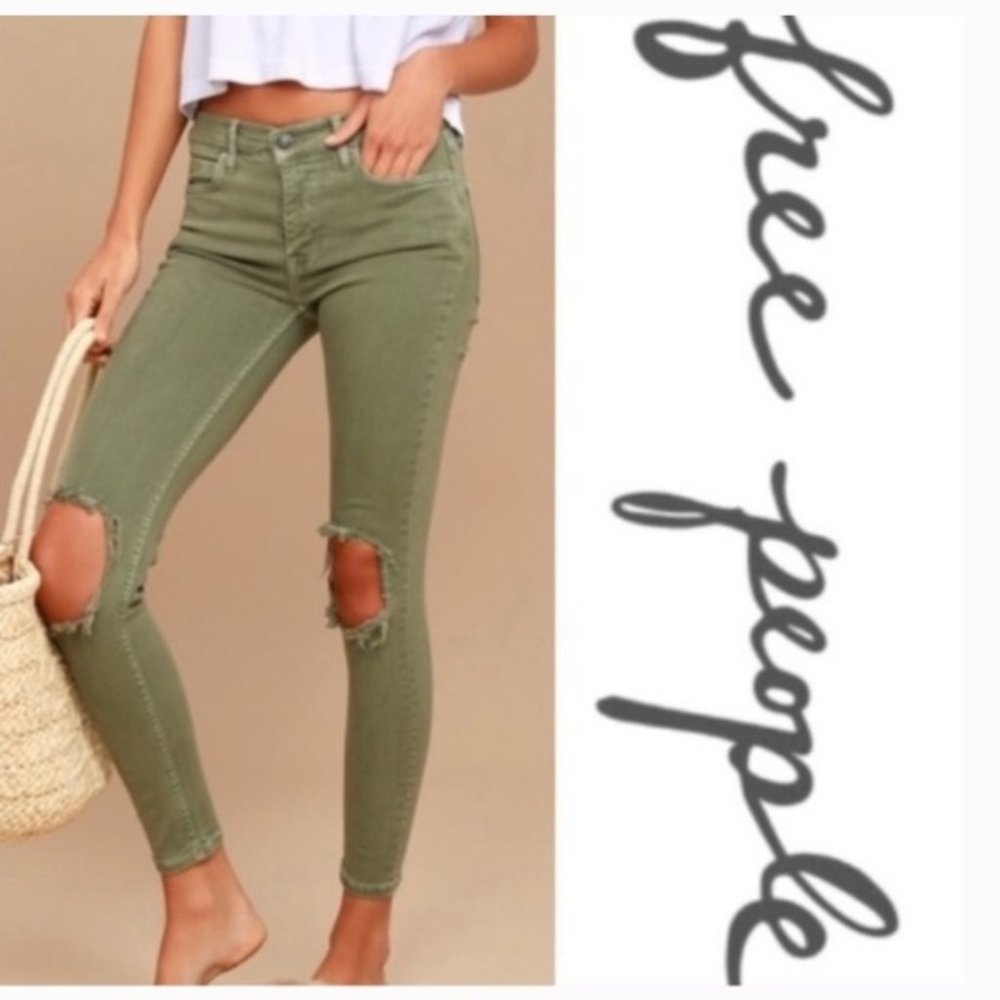 FREE PEOPLE Moss Green Busted Knee Distressed‎ Destroyed Skinny Jeans Size 25